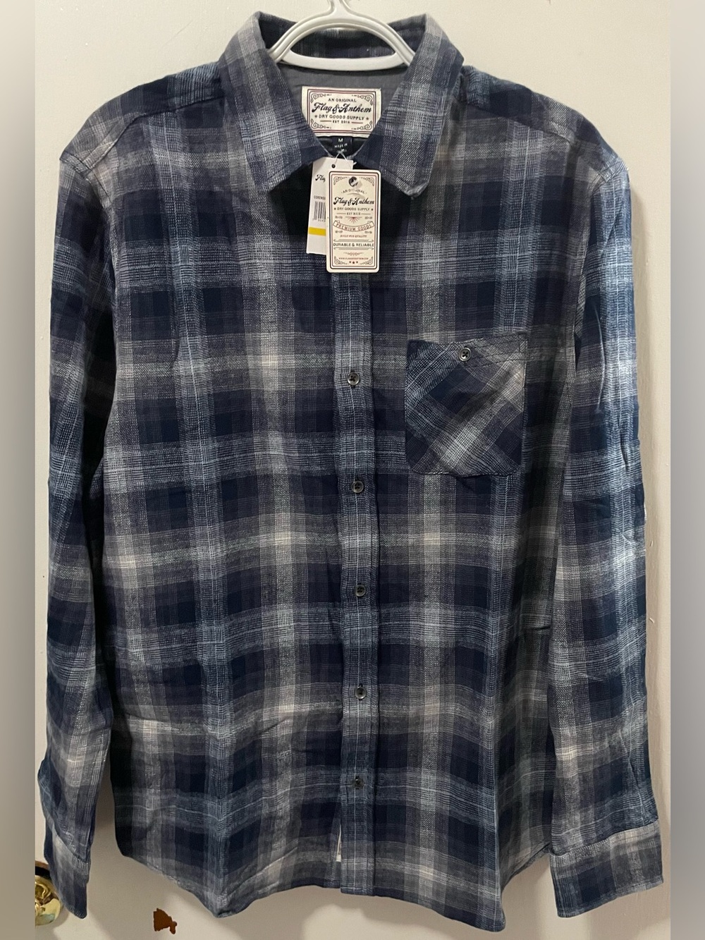 Flag & Anthem Men’s Blue White Plaid Button Up Long Sleeve Shirt Cotton Medium M